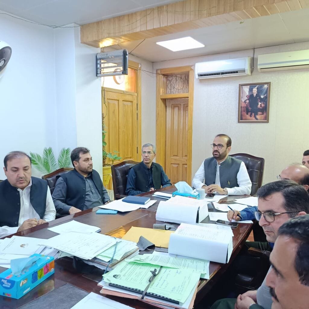 PWDP 2024 Infrastructure Meeting in Balochistan with ACS Hafiz Abdul Basit, Secretary Lal Jan Jaffer, and Joint Chief Economist Nadir Naseer discussing development projects